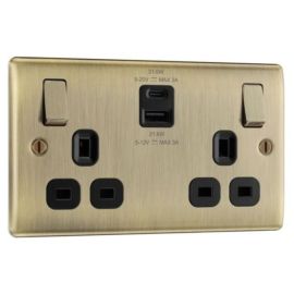 BG NAB22UAC22B Nexus Metal Antique Brass 2 Gang USB A + C Switched Socket - Black insert