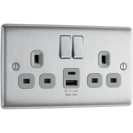 BG NBS22UAC12G Nexus Metal Brushed Steel 2 Gang USB A + C Switched Socket - Grey insert image