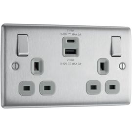 BG NBS22UAC22G Nexus Metal Brushed Steel 2 Gang USB A + C Switched Socket - Grey insert