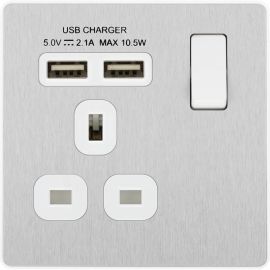 BG PCDBS21U2W Brushed Steel Evolve 1 Gang 13A 2x USB-A 2.1A Switched Socket Outlet - White Insert