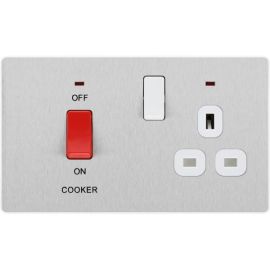 BG PCDBS70W Brushed Steel Evolve 45A 2 Pole Cooker Control Unit 13A Switched Socket - White Insert image