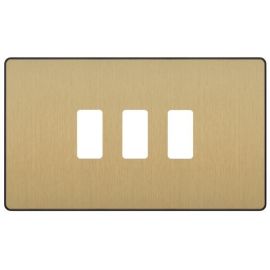 BG RPCDSB3B Evolve Grid Satin Brass 3 Module Rectangular Front Plate - Black Trim