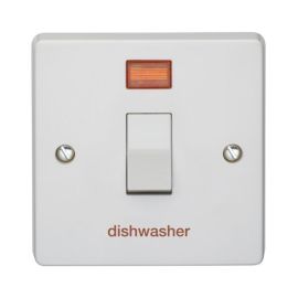 Crabtree 4015/3/DW Capital White 1 Gang 20A 2 Pole Neon 'dishwasher' Plate Switch image