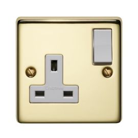 Crabtree 4314/PB Raised Polished Brass 1 Gang 13A 1 Pole Switched Socket - White Switch/Insert image