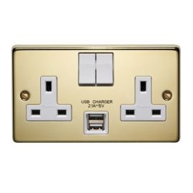 Crabtree 4316USB/PB/D Raised Polished Brass 2 Gang 13A 2 Pole 2x USB-A 2.1A Switched Socket - White Switch/Insert image