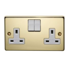 Crabtree 4316/DPB Raised Polished Brass 2 Gang 13A 2 Pole Switched Socket - White Switch/Insert image