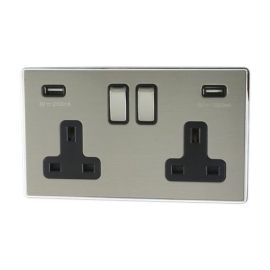 G and H Electrical LSS3910 Lexus Brushed Steel 2 Gang 13A 2x USB-A Switched Socket image