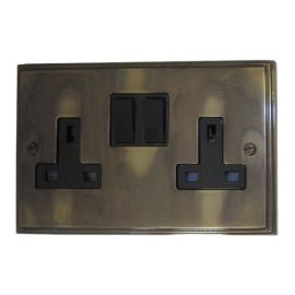 Victorian Aged 2 Gang Switched Socket, Black Switch