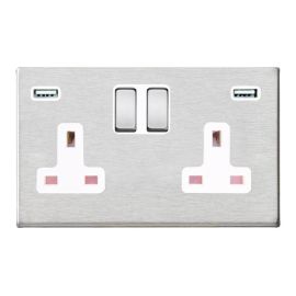 Hamilton 7G24SS2USBULTSS-W Hartland G2 Satin Steel 2 Gang 13A 2 Pole 2x USB-A 2.4A Switched Socket - White Insert