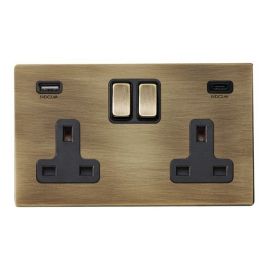 Hamilton 7G29SS2USBCAB-B Hartland G2 Antique Brass 2 Gang 13A 2 Pole 1x USB-A 1x USB-C 2.4A Switched Socket