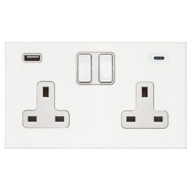 Hamilton 8G2MWSS2USBCWH-W Sheer G2 Matt White 2 Gang 13A 2 Pole 1x USB-A 1x USB-C 2.4A Switched Socket