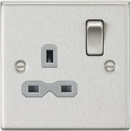 Knightsbridge CS7BCG Square Edge Brushed Chrome 1 Gang 13A 2 Pole Switched Socket - Grey Insert