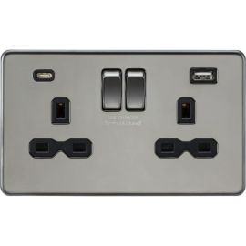 Knightsbridge SFR9940BN Screwless Black Nickel 2 Gang 13A 1x USB-A 1x USB-C 4A Switched Socket