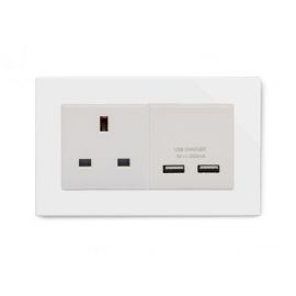 White 13A 1 Gang UK Socket & Dual 2.1A USB Socket with Glass Surround