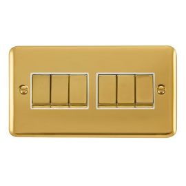 Click DPBR416WH Deco Plus Polished Brass Ingot 6 Gang 10AX 2 Way Plate Switch - White Insert image