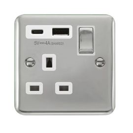 Click DPCH585WH Deco Plus Polished Chrome 1 Gang 13A 1x USB-A 1x USB-C 4A Switched Socket - White Insert image