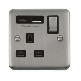 Click DPSS585BK Deco Plus Stainless Steel 1 Gang 13A 1x USB-A 1x USB-C 4A Switched Socket - Black Insert image