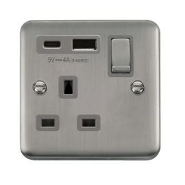 Click DPSS585GY Deco Plus Stainless Steel 1 Gang 13A 1x USB-A 1x USB-C 4A Switched Socket - Grey Insert image