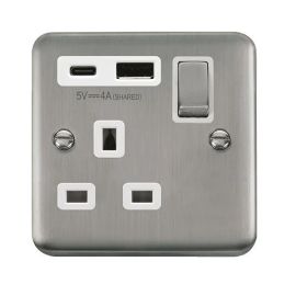 Click DPSS585WH Deco Plus Stainless Steel 1 Gang 13A 1x USB-A 1x USB-C 4A Switched Socket - White Insert image