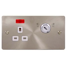 Click FPBS655WH Define Brushed Steel Ingot 1 Gang 13A Double Plate Neon 2 Pole Key Lockable Switched Socket - White Insert image