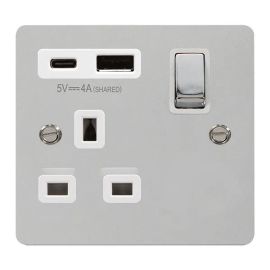 Click FPCH585WH Define Polished Chrome 1 Gang 13A 1x USB-A 1x USB-C 4A Switched Socket - White Insert