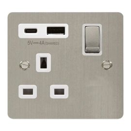 Click FPSS585WH Define Stainless Steel 1 Gang 13A 1x USB-A 1x USB-C 4A Switched Socket - White Insert image