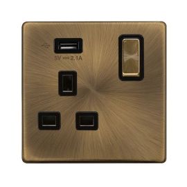 Click SFAB571UBK Definity Complete Antique Brass 1 Gang 13A 1x USB-A 2.1A Switched Socket image