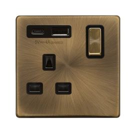 Click SFAB585BK Definity Complete Antique Brass 1 Gang 13A 1x USB-A 1x USB-C 4A Switched Socket image