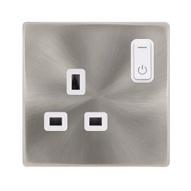 Click SFBS30035PW Definity Complete Brushed Steel Screwless 1 Gang 13A Zigbee Smart Switched Socket - White Insert image