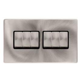 Click SFBS416BK Definity Complete Brushed Steel Screwless 6 Gang 10AX 2 Way Plate Switch - Black Insert image