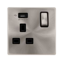 Click SFBS571UBK Definity Complete Brushed Steel Screwless 1 Gang 13A 1x USB-A 2.1A Switched Socket - Black Insert image