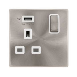 Click SFBS571UPW Definity Complete Brushed Steel Screwless 1 Gang 13A 1x USB-A 2.1A Switched Socket - White Insert image