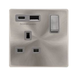Click SFBS585GY Definity Complete Brushed Steel Ingot 1 Gang 13A 1x USB-A 1x USB-C 4A Switched Socket - Grey Insert image