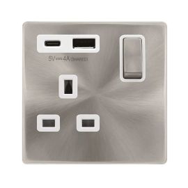 Click SFBS585PW Definity Complete Brushed Steel Ingot 1 Gang 13A 1x USB-A 1x USB-C 4A Switched Socket - White Insert image