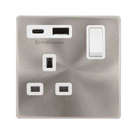 Click SFBS785PW Definity Complete Brushed Steel 1 Gang 13A 1x USB-A 1x USB-C 4A Switched Socket - White Insert image