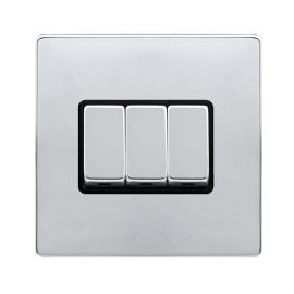 Click SFCH413BK Definity Complete Polished Chrome Screwless 3 Gang 10AX 2 Way Plate Switch - Black Insert