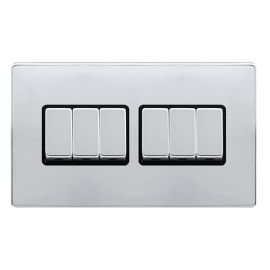 Click SFCH416BK Definity Complete Polished Chrome Screwless 6 Gang 10AX 2 Way Plate Switch - Black Insert image