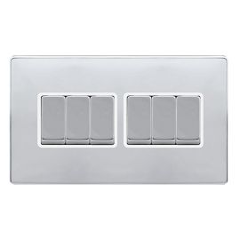 Click SFCH416PW Definity Complete Polished Chrome Screwless 6 Gang 10AX 2 Way Plate Switch - White Insert image