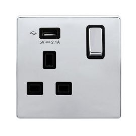 Click SFCH571UBK Definity Complete Polished Chrome Screwless 1 Gang 13A 1x USB-A 2.1A Switched Socket - Black Insert image
