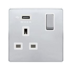 Click SFCH571UPW Definity Complete Polished Chrome Screwless 1 Gang 13A 1x USB-A 2.1A Switched Socket - White Insert image