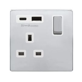 Click SFCH585PW Definity Complete Polished Chrome Ingot 1 Gang 13A 1x USB-A 1x USB-C 4A Switched Socket - White Insert image