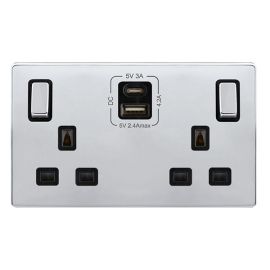Click SFCH586BK Definity Complete Polished Chrome Screwless 2 Gang 13A 1x USB-A 1x USB-C 4.2A Switched Socket - Black Insert image
