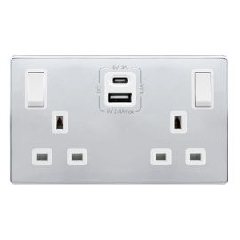 Click SFCH586PW Definity Complete Polished Chrome Screwless 2 Gang 13A 1x USB-A 1x USB-C 4.2A Switched Socket - White Insert image