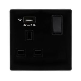 Click SFMB771UBK Definity Complete Metal Black Screwless 1 Gang 13A 1x USB-A 2.1A Switched Socket image