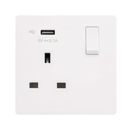 Click SFMW771UPW Definity Complete Metal White Screwless 1 Gang 13A 1x USB-A 2.1A Switched Socket image