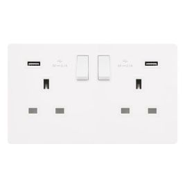 Click SFMW780PW Definity Complete Metal White Screwless 2 Gang 13A 2x USB-A 2.1A Switched Socket
