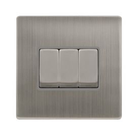 Click SFSS413GY Definity Complete Stainless Steel Screwless 3 Gang 10AX 2 Way Plate Switch - Grey Insert image
