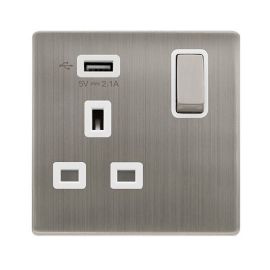 Click SFSS571UPW Definity Complete Stainless Steel Screwless 1 Gang 13A 1x USB-A 2.1A Switched Socket - White Insert image