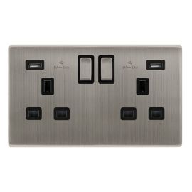 Click SFSS580BK Definity Complete Stainless Steel Screwless 2 Gang 13A 2x USB-A 2.1A Switched Socket - Black Insert image