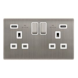 Click SFSS580PW Definity Complete Stainless Steel Screwless 2 Gang 13A 2x USB-A 2.1A Switched Socket - White Insert image